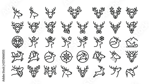 Black line art reindeer and winter icons for Christmas or holiday design