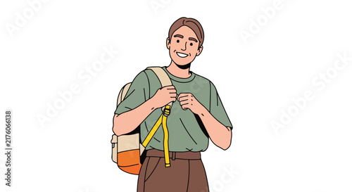 Smiling person with backpack adjusted
