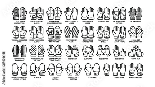 Collection of various winter gloves and mittens with different designs and materials