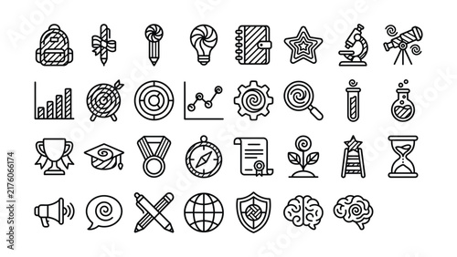 black and white line icons for education, science and business