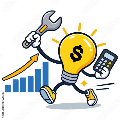 Running lightbulb mascot with dollar sign holding wrench and calculator next to a growth chart. Ideal for financial strategy, smart solutions, and business success concepts.