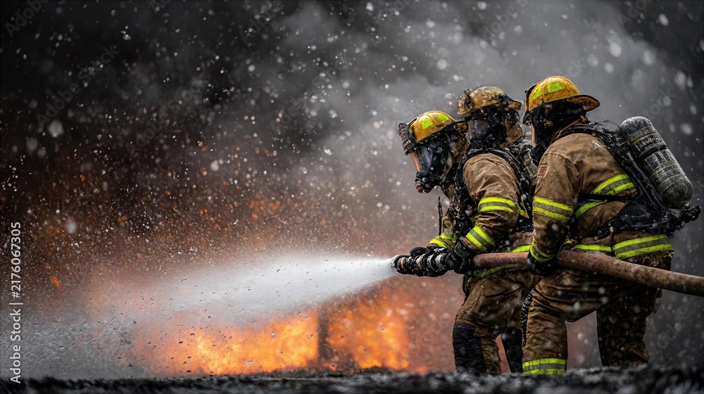 Fototapeta premium Firefighters battle large blaze in urban area during nighttime