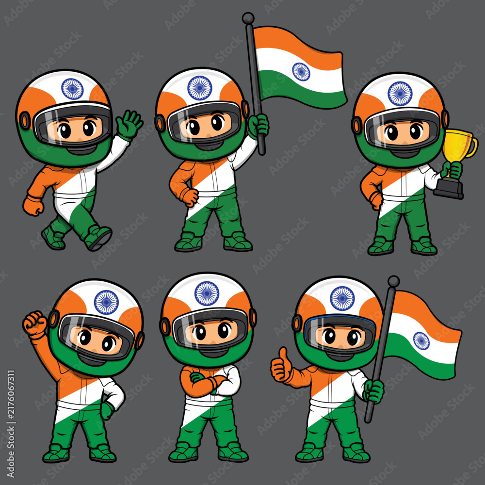 Fototapeta premium Indian Race Car Driver Cartoon Illustration Set