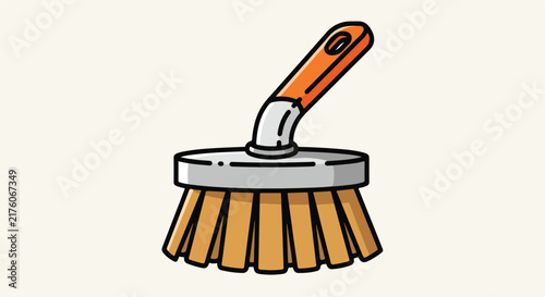 A rounded scrubbing brush with an orange handle and bristles