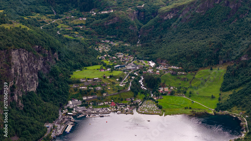 Obraz na płótnie Aerial view of Geirangerfjord valley with river, settlements and forested slopes