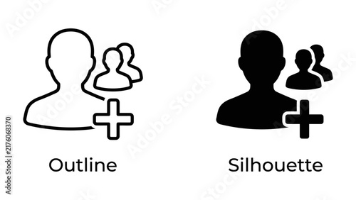 Принти на полотні User icons in outline and silhouette: Two distinct icon styles, outline and silhouette, represent a user profile with additional figures and a plus symbol, symbolizing adding new users or members