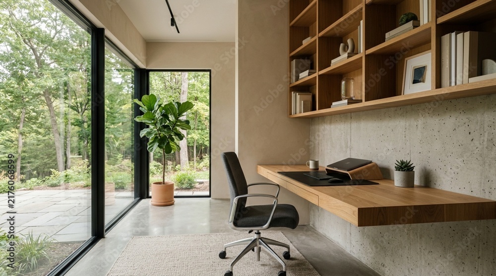 Obraz premium Modern Home Office with Large Window and Bookshelf, Natural Light