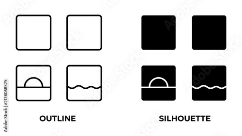 фотографія Iconography Study: A comparative graphic representation showcasing four square icons, two in outline and two in silhouette, illustrating elements like a horizon line and wavy water