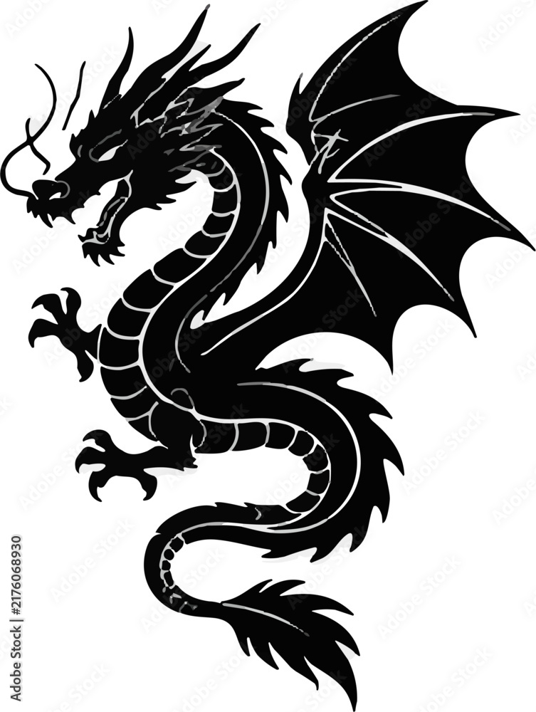 Fototapeta premium Black Flying Dragon Silhouette with Wings Abstract Vector Illustration