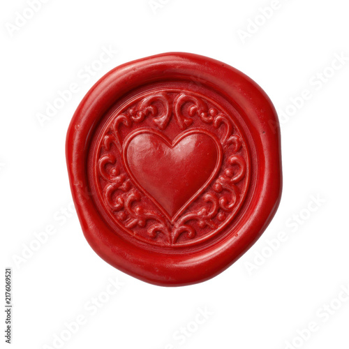 Canvas Print Vibrant red wax seal with an embossed heart and intricate decorative swirls, iso