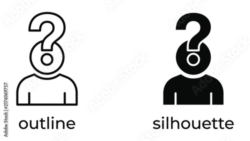 Fotografie Confused Silhouette: A graphic representation featuring an outline and a silhouette of a person with a question mark above their head, symbolizing confusion, uncertainty, or a query