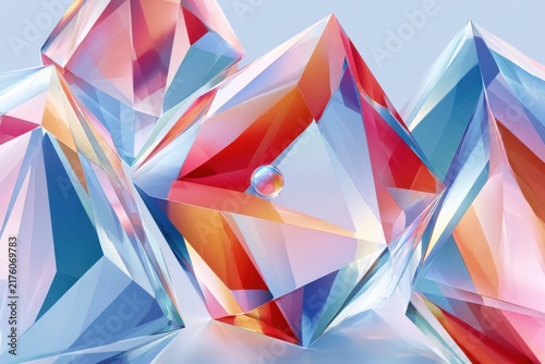 Abstract colorful crystal diamonds and faceted glass shapes with prism reflections and geometric light