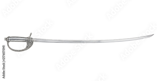 Canvastavla Polished silver ceremonial saber with an ornate hilt and curved blade is horizon