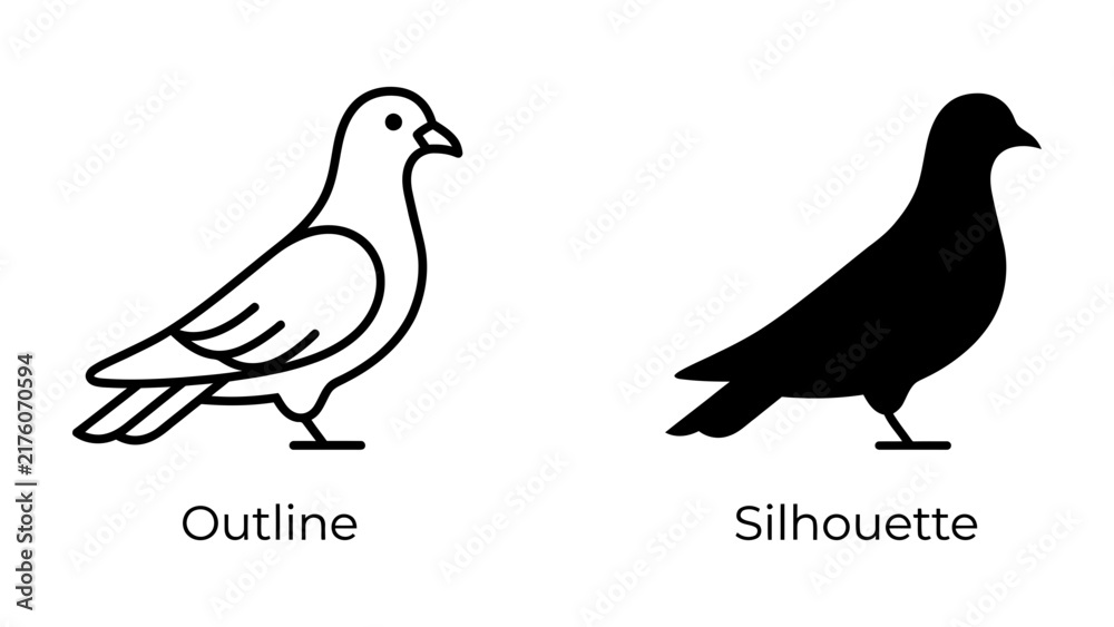 Fototapeta premium Pigeon Iconography: A comparison of two pigeon representations, one in a clean outline style and the other as a solid silhouette, highlighting the versatility of this common bird icon.