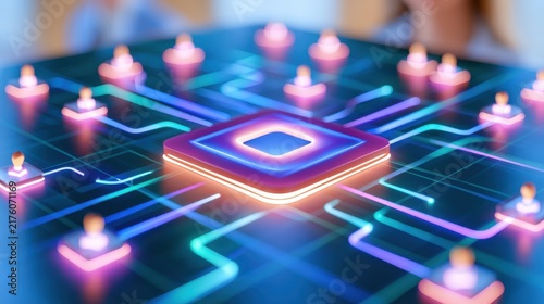 Glowing central processor connected to abstract user icons via neon circuit lines
