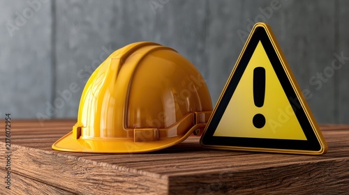 Yellow hard hat and warning sign on wooden surface, symbolizing workplace safety and hazard prevention.