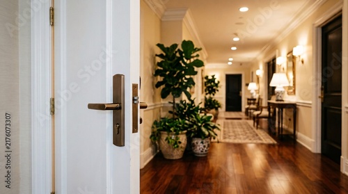 Slightly open white hotel room door with bronze handle revealing blurred luxury hallway with wood floors and green potted plants, inviting.