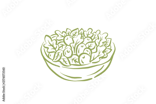 Hand drawn fresh green vegetable salad bowl outline illustration for healthy diet menu Design