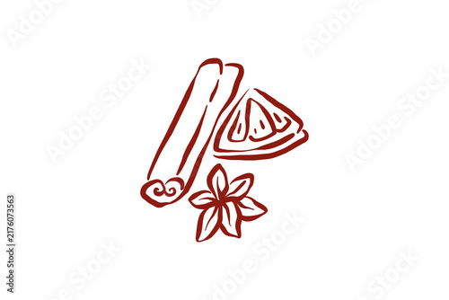 Hand drawn autumn spices cinnamon star anise orange slice outline illustration for menu Design