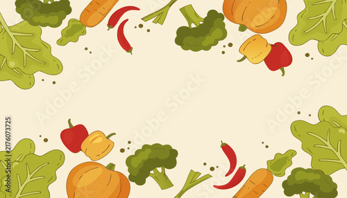 Fresh vegetable border with assorted food Vector