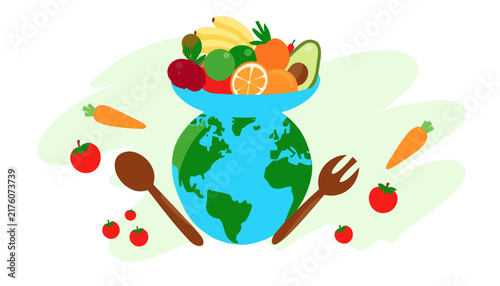 Fresh fruit and vegetables on a world globe Vector