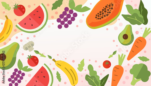 Colorful fresh fruits and vegetables pattern Vector