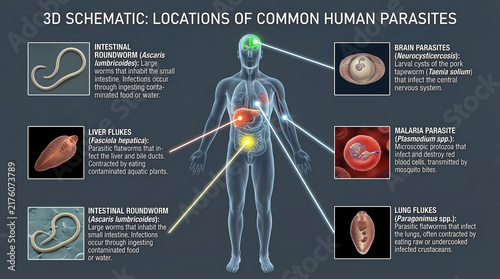 Medical Illustration: Schematic Map of Common Human Parasitic Infections and Their Organ Locations.