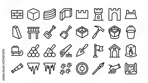 Black line icons of building and construction tools and objects