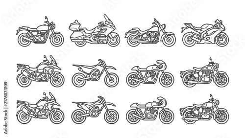 Foto Diverse Motorcycle Collection: A compilation of twelve distinct motorcycle designs, rendered in a clean line art style