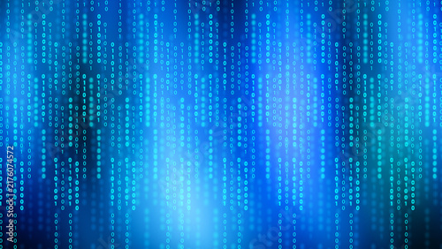 Foto Abstract blue background featuring vertical streams of glowing binary code zeros and ones, representing computer data, programming, and cybersecurity