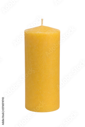Canvastavla Single tall cylindrical yellow beeswax candle with a visible wick stands upright