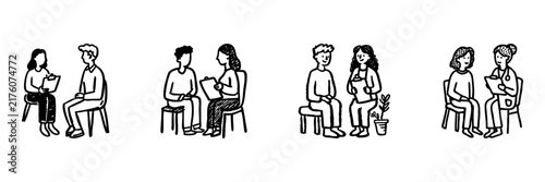 Interview And Consultation People With Chairs And Clipboards Hand Drawn Doodle Icon Set. Discussion Sketch Symbol Collection. Business Meeting And Therapy Context. Isolated Vector Illustration