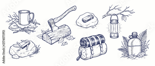 Camping gear set vintage illustration featuring outdoor survival equipment like axe, lantern, canteen, pocket knife, sleeping bag, and mug for wilderness adventure, hiking, and bushcraft design.