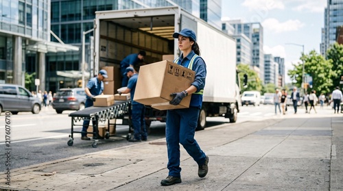 Delivery courier in blue uniform carrying heavy brown cardboard box, blurred colleagues unloading truck, sunny city street backdrop.