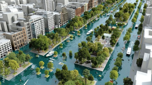 Urban Oasis Afloat: A futuristic vision of a city transformed into an aquatic paradise, where lush greenery thrives amidst submerged streets and serene waterways.