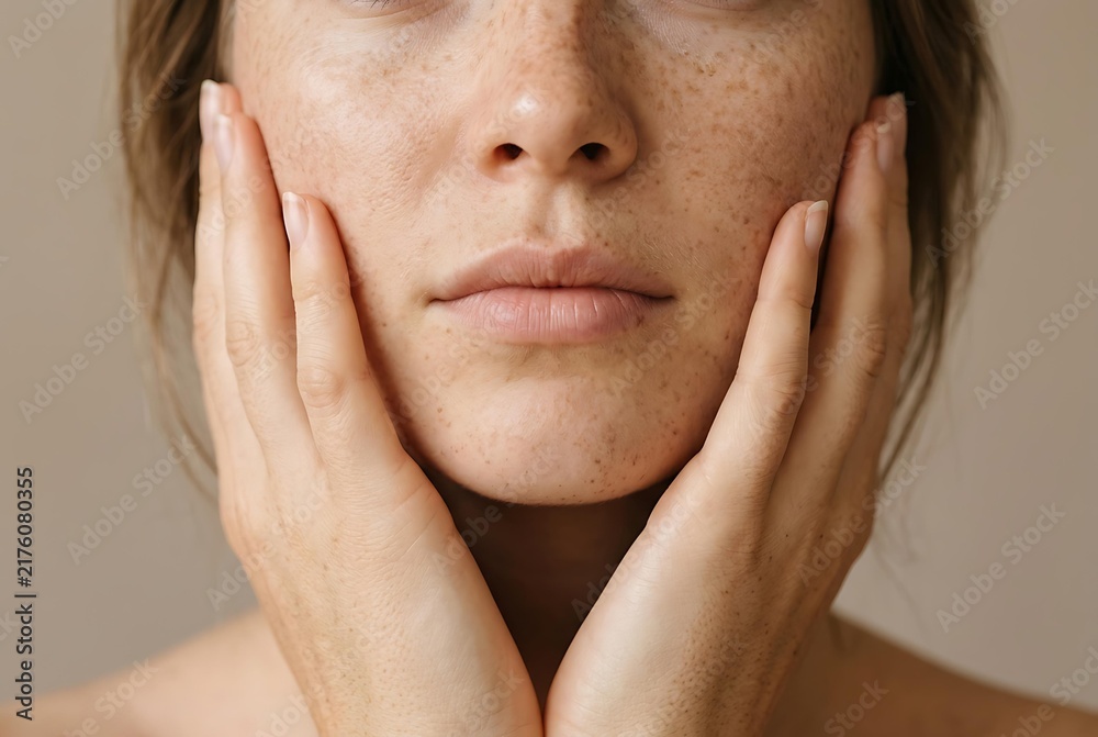 Fototapeta premium Close up of freckled skin woman touching her face for beauty treatment, natural freckled skin texture with pigmentation and sun spots, skincare concept for freckled skin care.