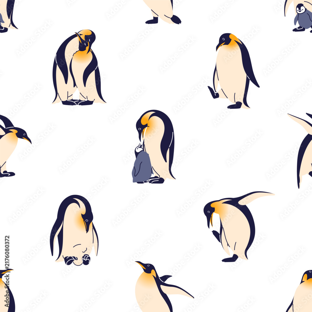 Fototapeta premium Seamless background with penguins. Repeatable pattern of cute polar birds with their babies. North Pole nature wallpaper design. Paper wrap texture with winter animals. Emperor penguins vector print