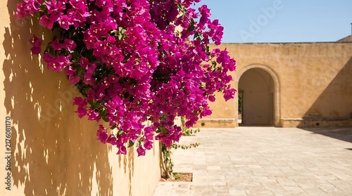 Vibrant pink bougainvillea flowers hanging over a rustic beige stone wall in a mediterranean courtyard