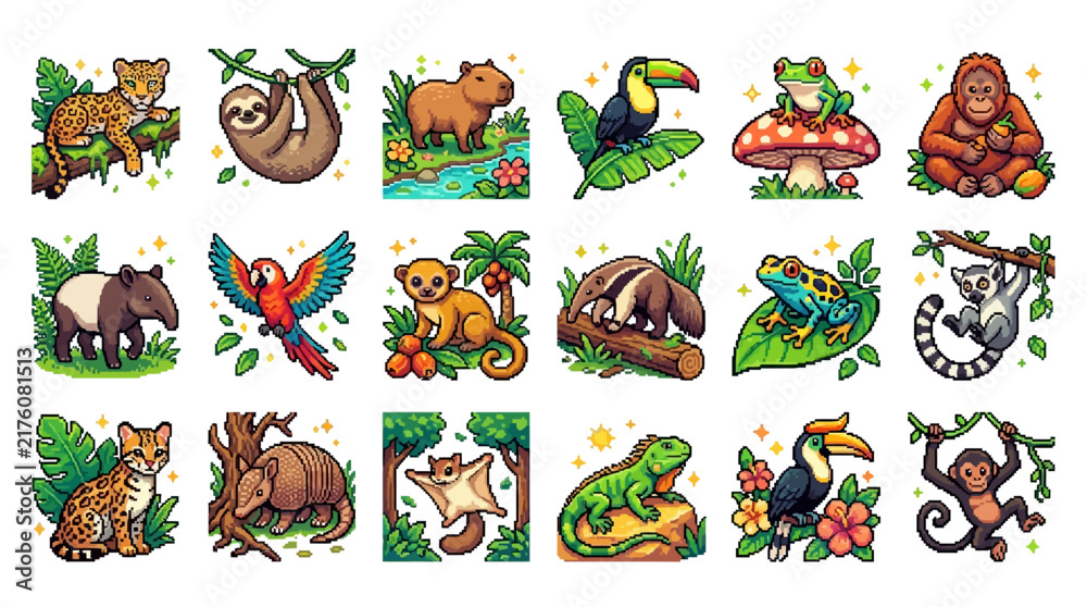Obraz premium Set of cute cartoon tropical rainforest animals and exotic wildlife icons collection.