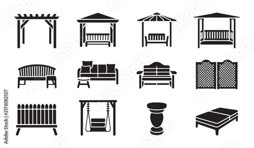 Black silhouette set of outdoor furniture gazebo and garden benches for landscape and patio decor projects.