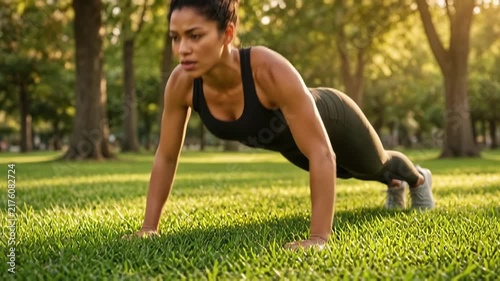 Woman performing push-ups in a park during golden hour sunlight