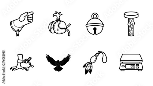Falconry Tools and Icons: A collection of black and white line art icons depicting essential falconry equipment, including a glove, lure, jesses, and a bell, alongside a falcon silhouette and a scale.