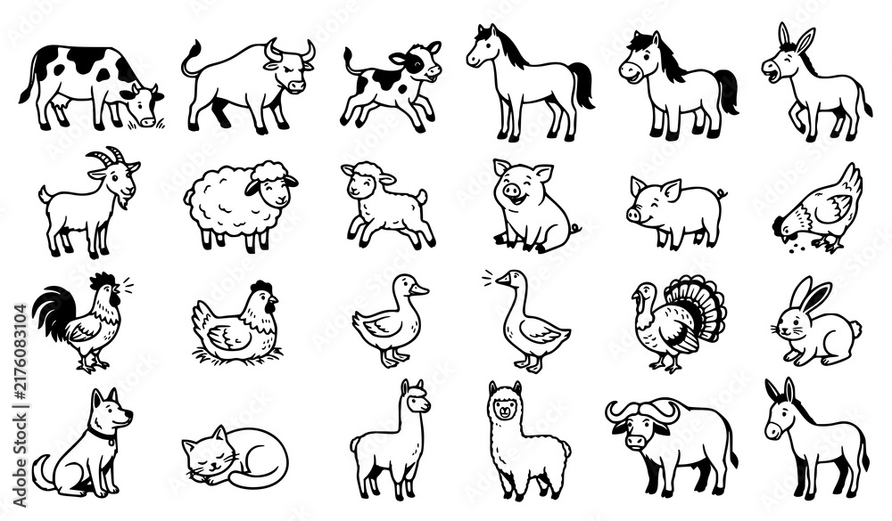 Naklejka premium Farm Animal Icon Collection with Cow Horse Goat Sheep Pig Chicken and Duck Line Art Vector Illustration Set