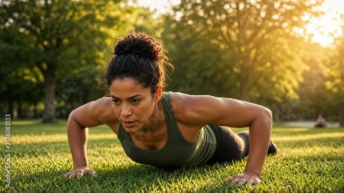 Woman performing push-ups outdoors during golden hour sunlight in a park