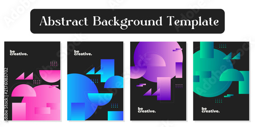Abstract Geometric Templates: Four dark templates showcase vibrant abstract geometric designs featuring circles, squares, and triangles in gradient color schemes of pink, blue, purple.