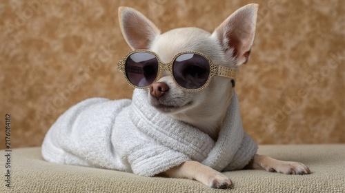 Stylish Chihuahua in Sunglasses Relaxing in Cozy Bathrobe at Home