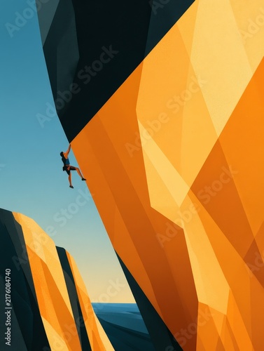 Solo rock climber ascends a striking geometric cliff face against blue sky