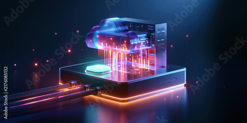 Cloud coding server glowing with colorful data streams in dark futuristic space