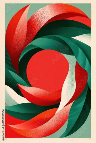 Two color screen print holiday poster with swirling red and green abstract design