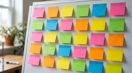 Colorful Sticky Notes on Whiteboard Brainstorming Session.